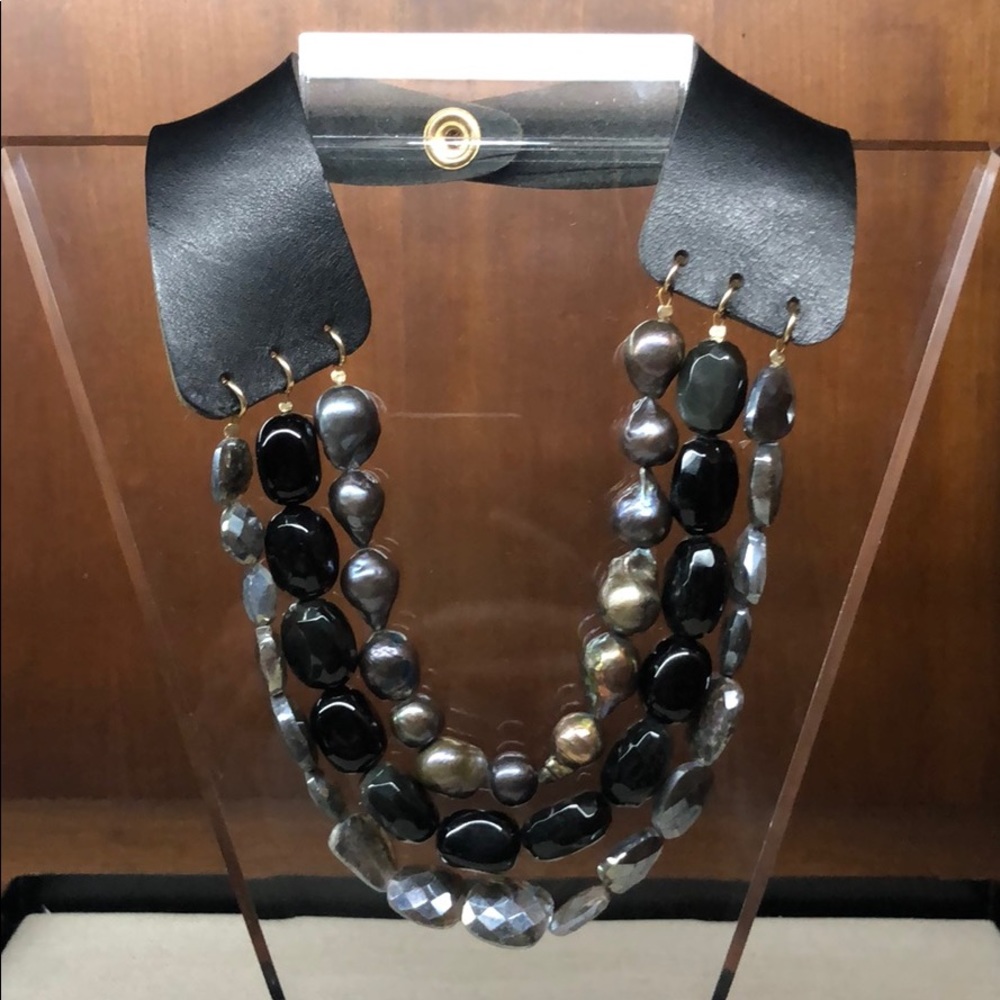 COPY - Pearl ,onyx leather 3 strand neckless